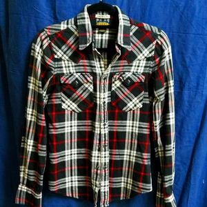 Black and red plaid rugby button down shirt